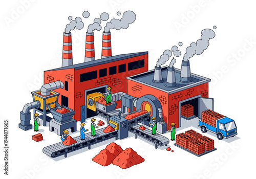 Isometric brick factory with workers on assembly line and trucks loading finished products