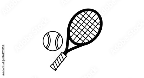 Simple Line Art Tennis Racket and Ball Icon.
