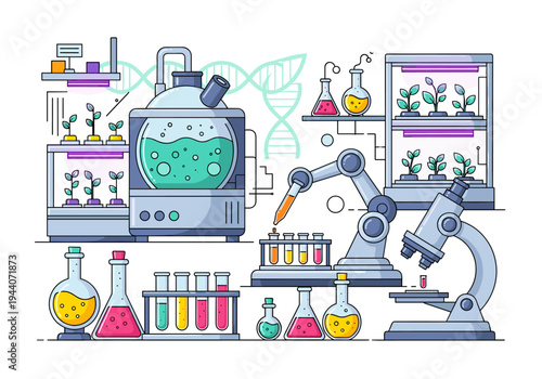 Modern biotechnology lab with robotic arm, microscope, and plant growth chambers