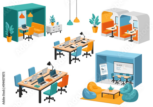 Modern co-working spaces and meeting rooms with colorful furniture and plants