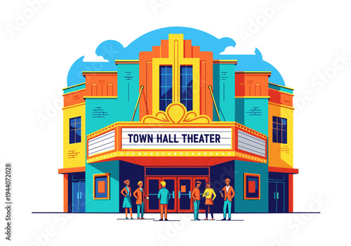 Colorful art deco town hall theater building with people waiting outside