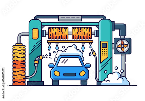 Automated car wash with rotating brushes and soap foam cleaning a blue vehicle