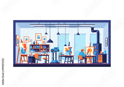 Artists working in a bright, modern studio with easels, paintings, and supplies