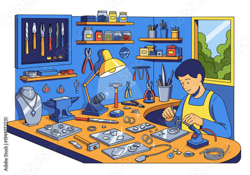 Jeweler meticulously crafting intricate jewelry pieces at a well-equipped workbench