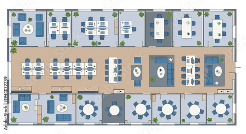 Vector illustration of office floor plan with meeting rooms and workspaces