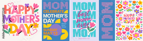 Mother’s Day colorful typography posters with flowers, hearts and playful lettering. Modern greeting card designs celebrating mom with love, perfect for holiday banners, social media posts and festive