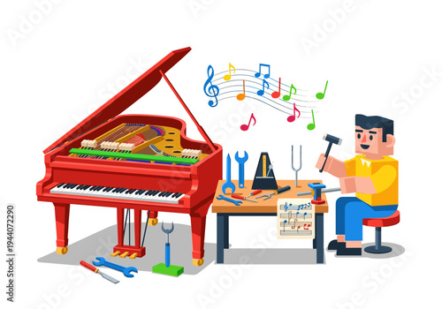 Piano tuner working on a red grand piano with tools and musical notes floating