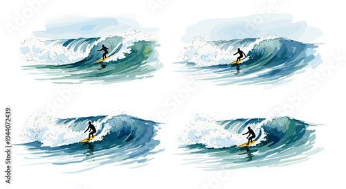 Surfer riding a wave in a dynamic watercolor illustration with multiple panels