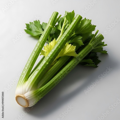 A bunch of fresh celery stalks on a white background