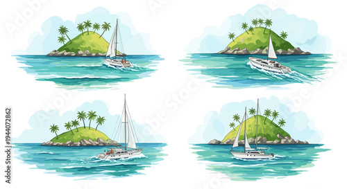 Tropical island paradise with sailboats and yachts cruising in turquoise waters