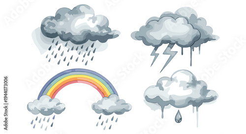 Collection of watercolor weather icons including rain, lightning, and rainbow