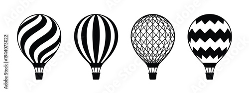 Black and white hot air balloon icons, with geometric patterns, including stripes, diamond mesh, and zigzag chevrons, simple and iconic design isolated on white background
