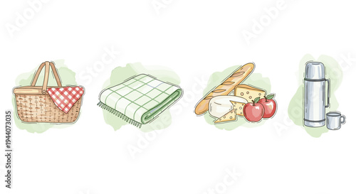 Wicker picnic basket with checkered cloth, bread, cheese, apples, and thermos