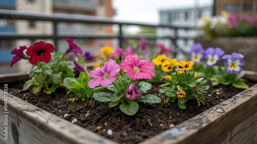 Wallpaper Mural Colorful flower bed with pink, purple, yellow, and red petunias and pansies in a wooden planter on a balcony with blurred buildings in the background Torontodigital.ca