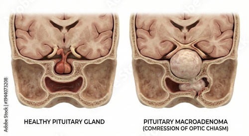 Anatomical comparison rendering displaying healthy pituitary gland alongside massive macroadenoma tumor growth representing obstructive endocrine pathology clinical science