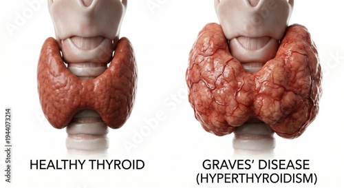 Anatomical comparison visualization displaying healthy thyroid gland alongside one afflicted by Graves' disease hyperthyroidism goiter enlargement representing endocrine pathology clinical science