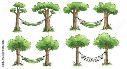 Collection of four cartoon trees with hammocks strung between them for relaxation