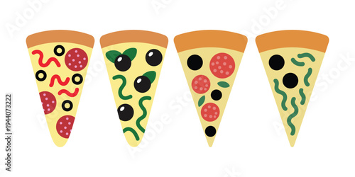Cartoon pizza slices with various toppings on white background food Italian vector illustration