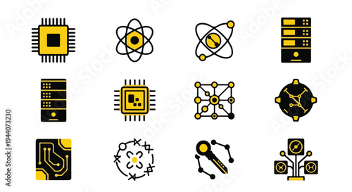 Set of 12 Black and Yellow Technology and Science Vector Icons