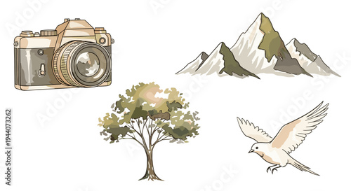 Vintage camera, majestic mountains, lush tree, and a bird in flight illustration