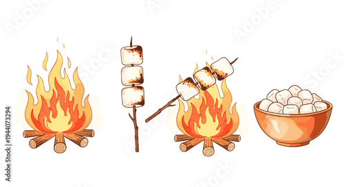 Campfire cooking with marshmallows on sticks and a bowl of treats