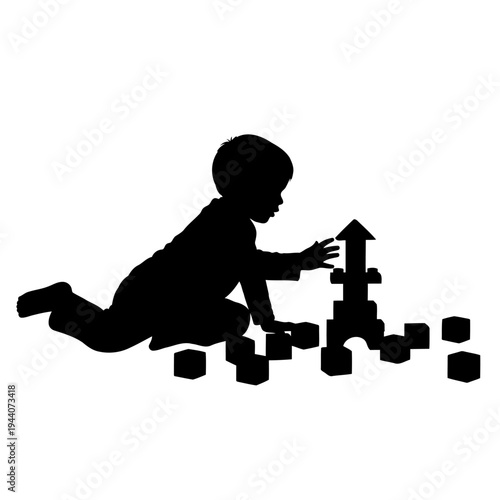 A silhouette of a child playing with blocks on the floor