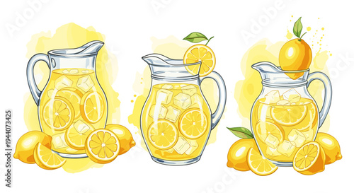 Refreshing pitchers of lemonade with ice and lemon slices, perfect for summer