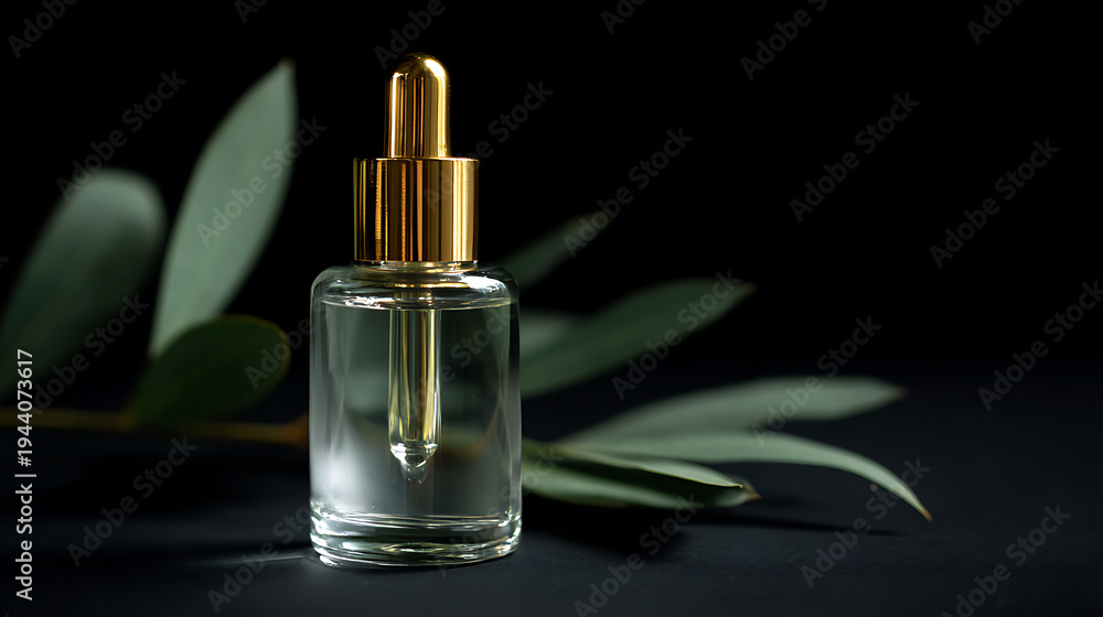 Naklejka premium Clear Glass Dropper Bottle with Golden Cap and Natural Plant Decor: Essential Oil, Serum, or Cosmetic Packaging on Dark Background