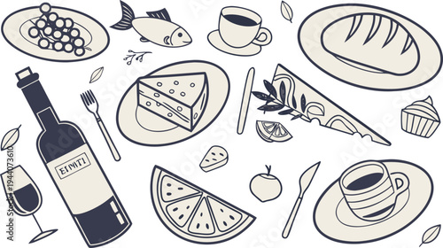 Seamless vector banner with hand drawn doodle illustrations of italian food and drinks. Line art dinner party drawings on wide background. La dolce vita ... 
