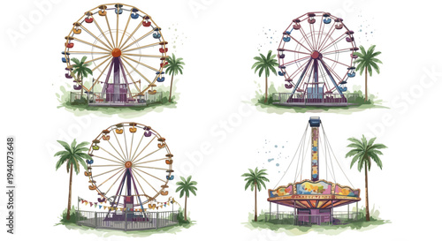 Collection of colorful amusement park rides with palm trees and festive flags
