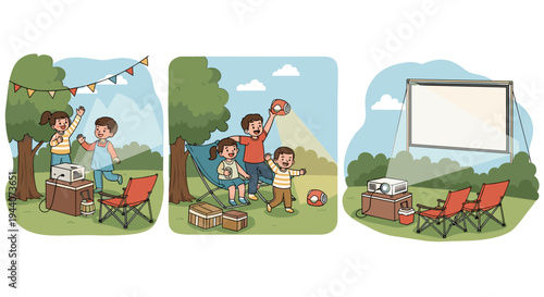 Family enjoying an outdoor movie night with a projector and screen in a park