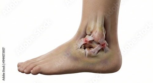 Anatomical visualization displaying lateral ankle sprain with partial ligament tears and swelling representing common acute sports trauma injury within clinical medical science