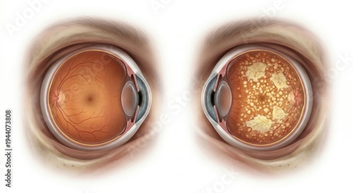 Anatomical comparison visualization displaying healthy human macula alongside dry age related macular degeneration with significant drusen deposits and geographic atrophy medical science
