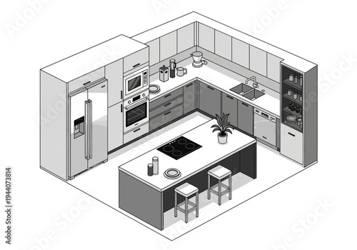 Isometric view of a modern, well-equipped kitchen with an island and appliances