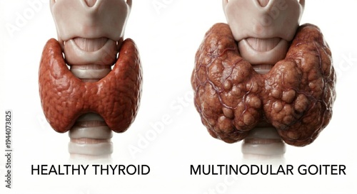 Anatomical comparison visualization displaying healthy thyroid gland alongside one distorted by large multinodular goiter benign tumors representing obstructive endocrine pathology clinical science
