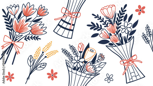 Colorful hand drawn flower bouquets tied with red ribbon bows. Vector botanical illustration set with chamomile, echinacea and daffodil for spring greeting 
