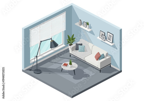 Isometric illustration of a modern living room with couch, coffee table, and window