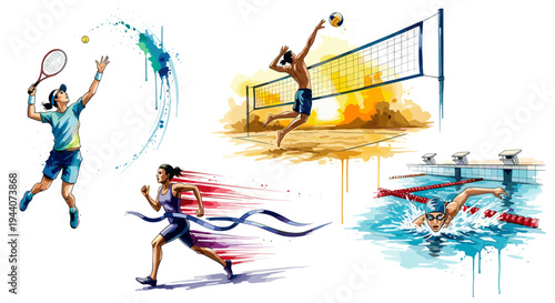 Dynamic illustration of diverse athletes competing in tennis, volleyball, running, and swimming
