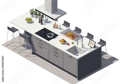 Modern isometric kitchen island with appliances, sink, and food preparation area