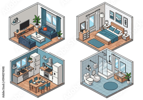 Isometric Views of Modern Room Interiors Living Room, Bedroom, Kitchen, and Bathroom
