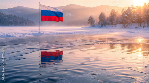 Russian flag on frozen lake at sunrise