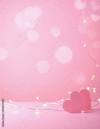 romantic valentine’s day background with soft pink heart, glowing string lights, and gentle bokeh for a warm, dreamy atmosphere