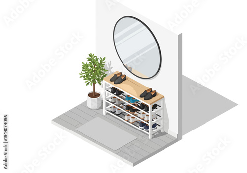 Cozy home entryway featuring a shoe rack, plant, and mirror for stylish organization