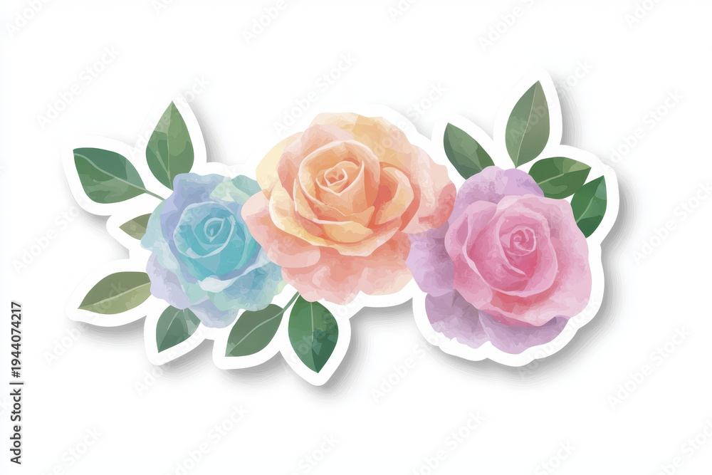 Fototapeta premium Beautiful watercolor roses various colors with green leaves create vibrant floral design. This sticker showcases elegance