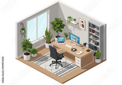 Modern isometric home office design with desk, computer, chair, and plants