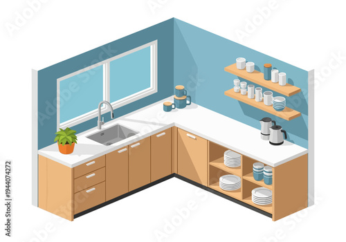 Modern kitchen interior with sink, cabinets, shelves and a plant on the windowsill