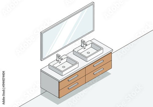 Isometric view of a modern bathroom vanity with double sinks and mirror