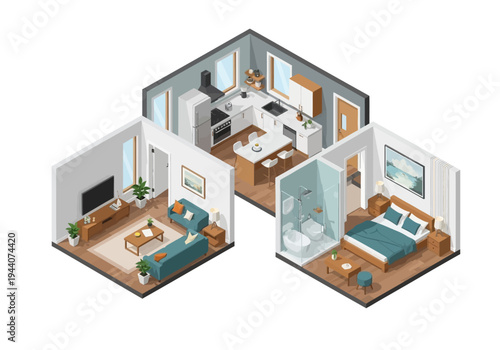 Isometric 3D floor plan view of a modern studio apartment with living room, kitchen, and bedroom