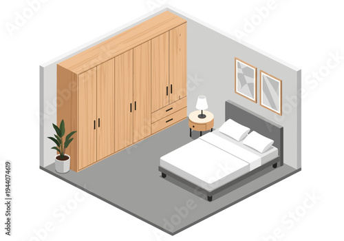Cozy bedroom isometric view with wardrobe, bed, nightstand, and plant