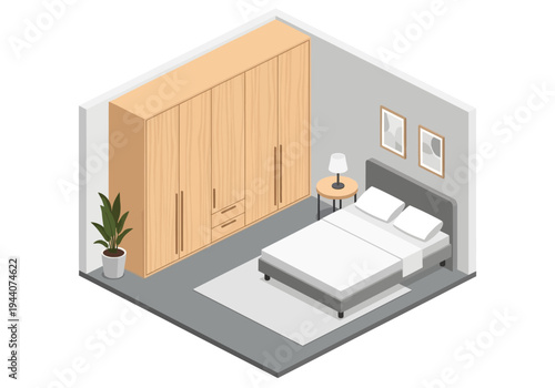 Cozy Isometric Bedroom Illustration Featuring a Bed, Wardrobe, and Plant for Interior Design
